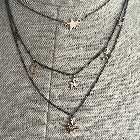 Multi Strand Chain Necklace W/Gold Plated & Crystal Star And Moon Charms - NEW - Picture 3 of 5